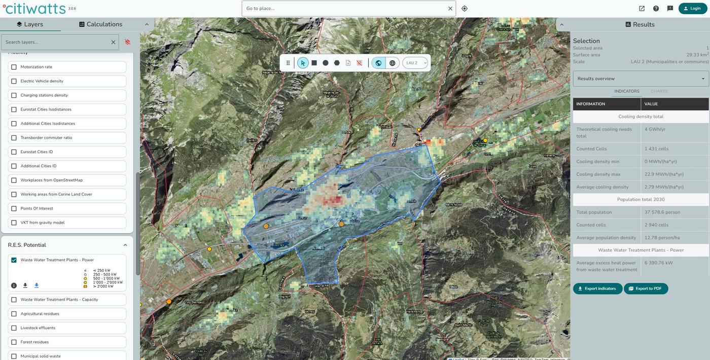 Plateforme citiwatts : carte SIG avec indicateurs et modules de calcul